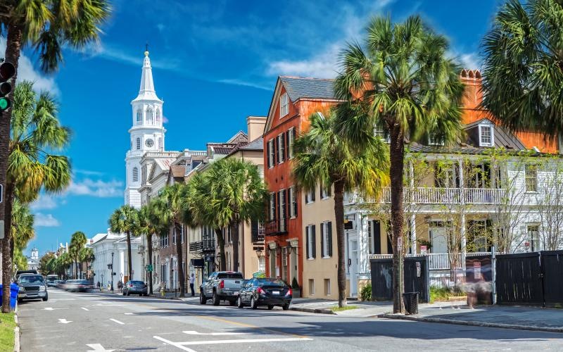 a street with palm trees and buildings
